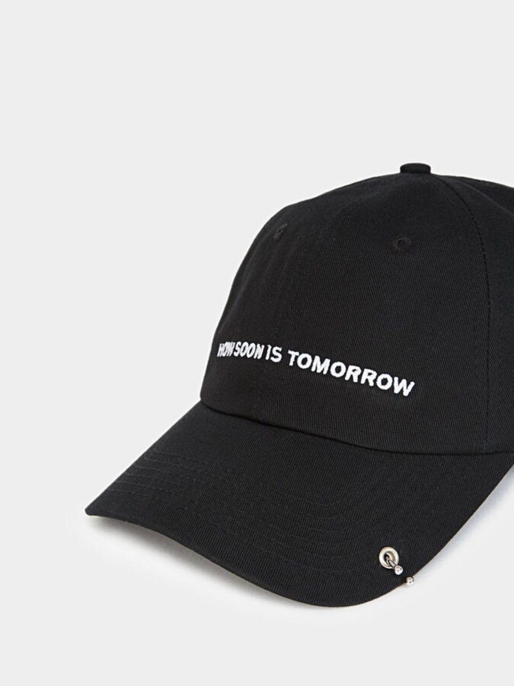 THE KOOPLES Black Baseball Cap with "How Soon Is Tomorrow" Embroidery Metal Ring